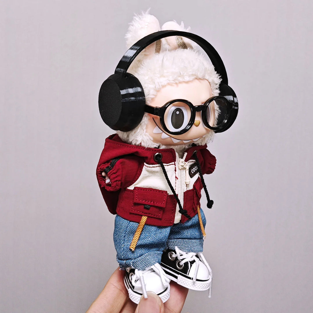 Clothes for 1st/2nd/3rd Gen Labubu Outfits Army Green Hoodie Set with Colorful Headphones Canvas Shoes & Glasses Doll Clothes