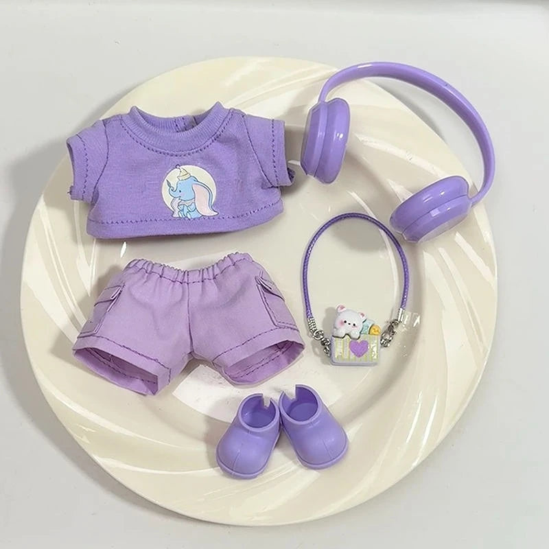 Clothes for 17cm Labubu Doll Outfits 1st/2nd/3rd Gen Fit Purple T-Shirt Cargo Pants Set with Headphones & Shoes Doll Costume