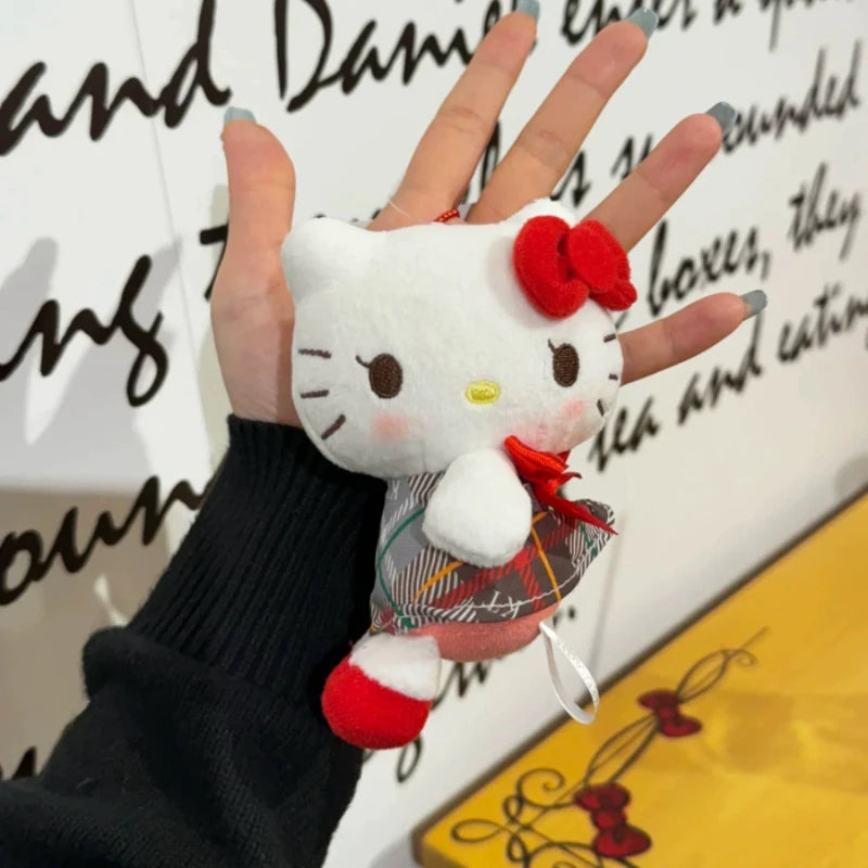 New Sanrios Hello Kitty Plush KeyChain Red plaid Dress Kitty Hokkaido Otaru series KT Melody Stuffed Toys Pendant Bags Keychains