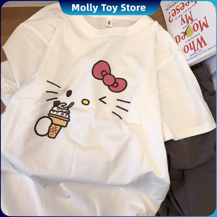 Kawaii Hello Kitty Pajamas Summer Pure Cotton Cardigan Short Sleeve Shorts Suit Cartoon Cute Home Clothes Gift