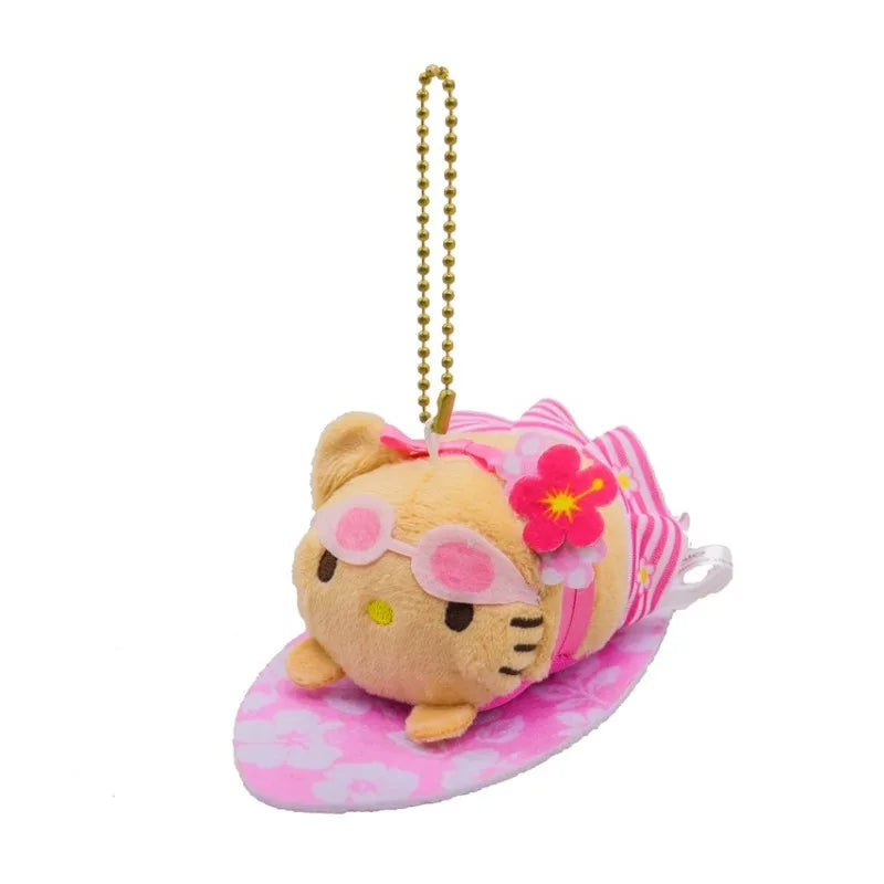 NEW Sanrio Hawaiian Surfboard Swimming Series Hello Kitty Plush Doll  Keychain Black skin Cartoon Toy Pendant Cute Birthday Gift