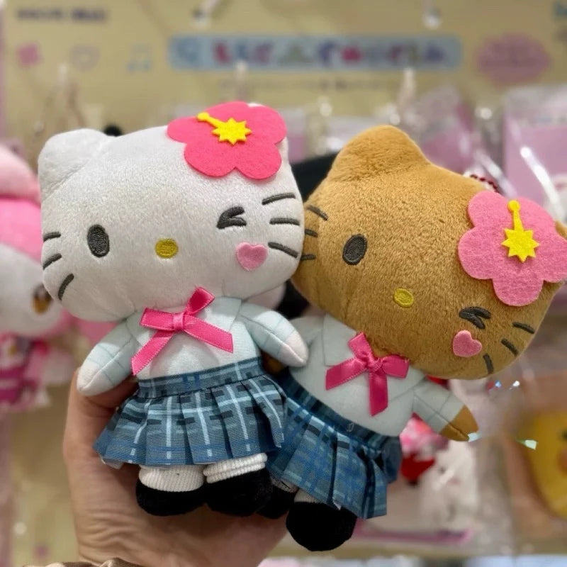 Anime Sanrios Cherry Blossom Sakura Heisei Black Leather Series Hello Kitty Kuromi Plush doll Keychain bag Pendant Y2KGirl Gifts