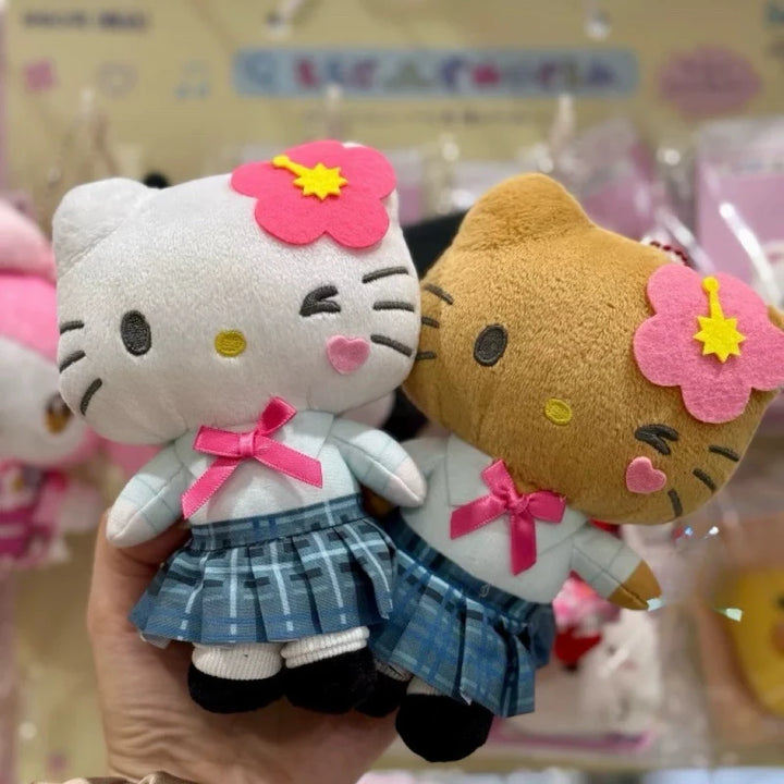 Anime Sanrios Cherry Blossom Sakura Heisei Black Leather Series Hello Kitty Kuromi Plush doll Keychain bag Pendant Y2KGirl Gifts