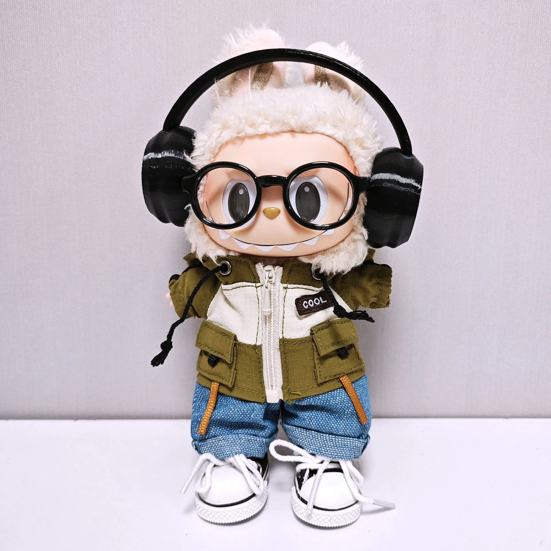 Clothes for 1st/2nd/3rd Gen Labubu Outfits Army Green Hoodie Set with Colorful Headphones Canvas Shoes & Glasses Doll Clothes