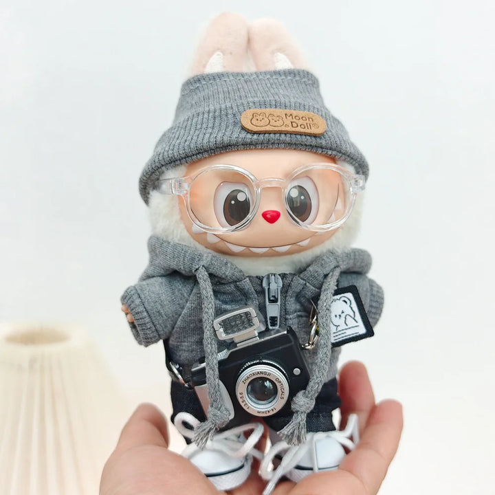 15/17cm Labubu Doll Clothes 1st/2nd/3rd Gen Fit Mr. Black Bear Hoodie Set with Headphone Plush Toy Outfits Halloween Decor