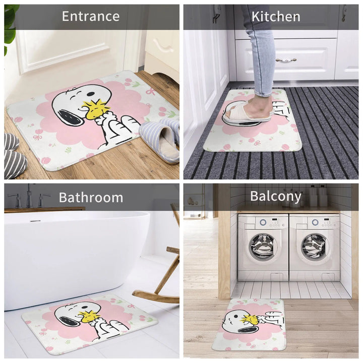 Snoopy  Floral Encounter Memory Foam Bath Mat Rug Non-Slip Quick Dry  Bathroom Floor Rugs Carpet For Bath Shower Tub