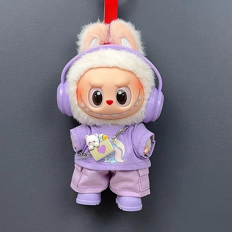 Clothes for 17cm Labubu Doll Outfits 1st/2nd/3rd Gen Fit Purple T-Shirt Cargo Pants Set with Headphones & Shoes Doll Costume