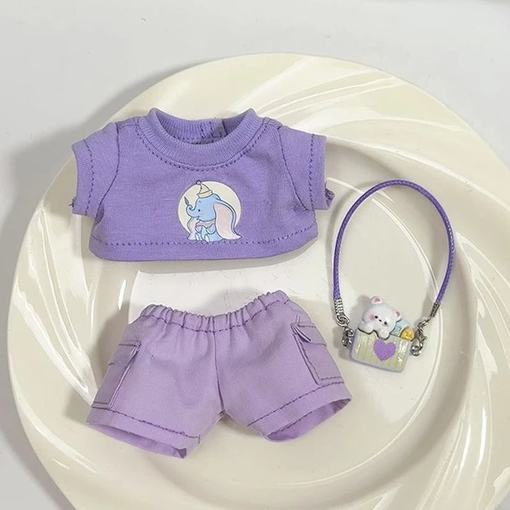 Clothes for 17cm Labubu Doll Outfits 1st/2nd/3rd Gen Fit Purple T-Shirt Cargo Pants Set with Headphones & Shoes Doll Costume