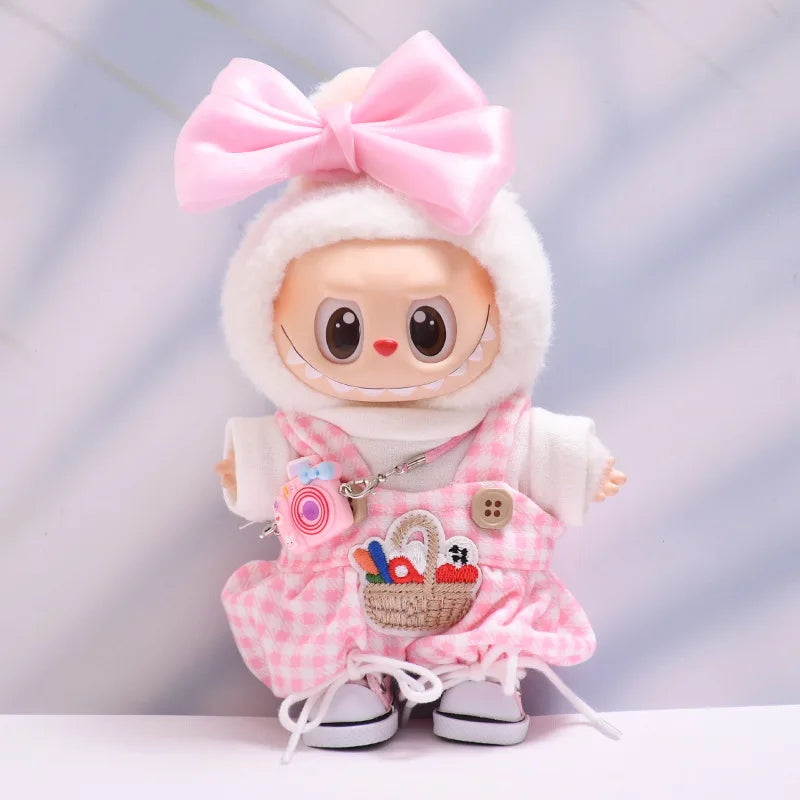 Labubu Doll Clothes Blue Plaid Overalls with Bow 15/17cm Plush Doll'S Clothes Labubu I II Idol Dolls Sitting Party Accessories