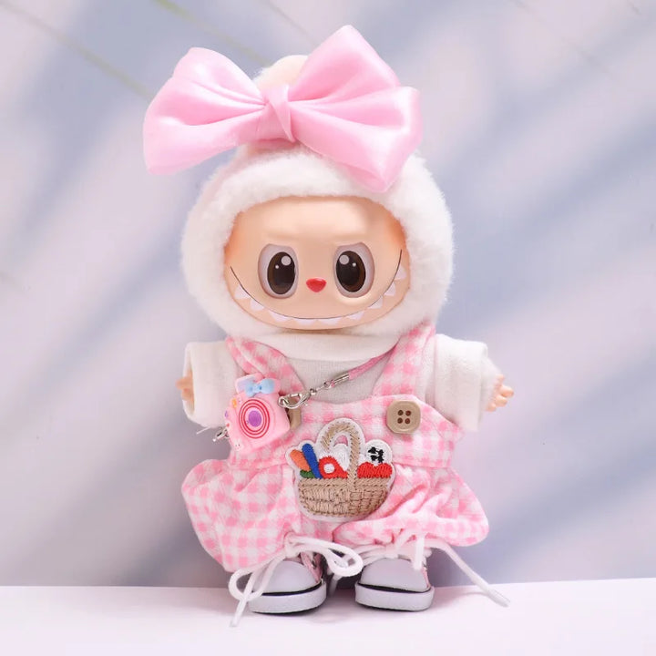 Labubu Doll Clothes Blue Plaid Overalls with Bow 15/17cm Plush Doll'S Clothes Labubu I II Idol Dolls Sitting Party Accessories
