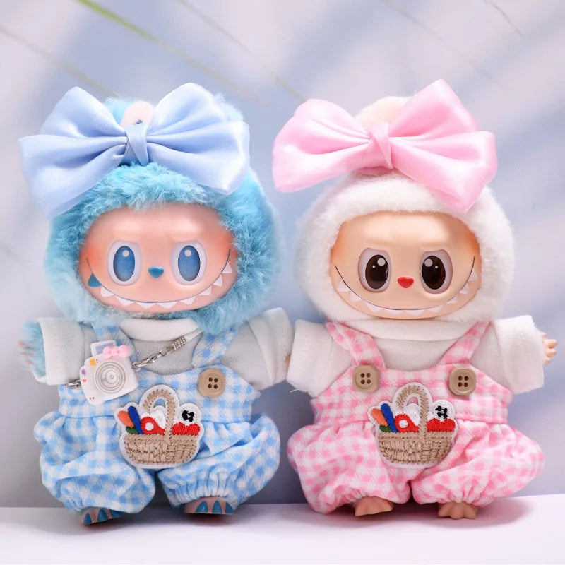Labubu Doll Clothes Blue Plaid Overalls with Bow 15/17cm Plush Doll'S Clothes Labubu I II Idol Dolls Sitting Party Accessories