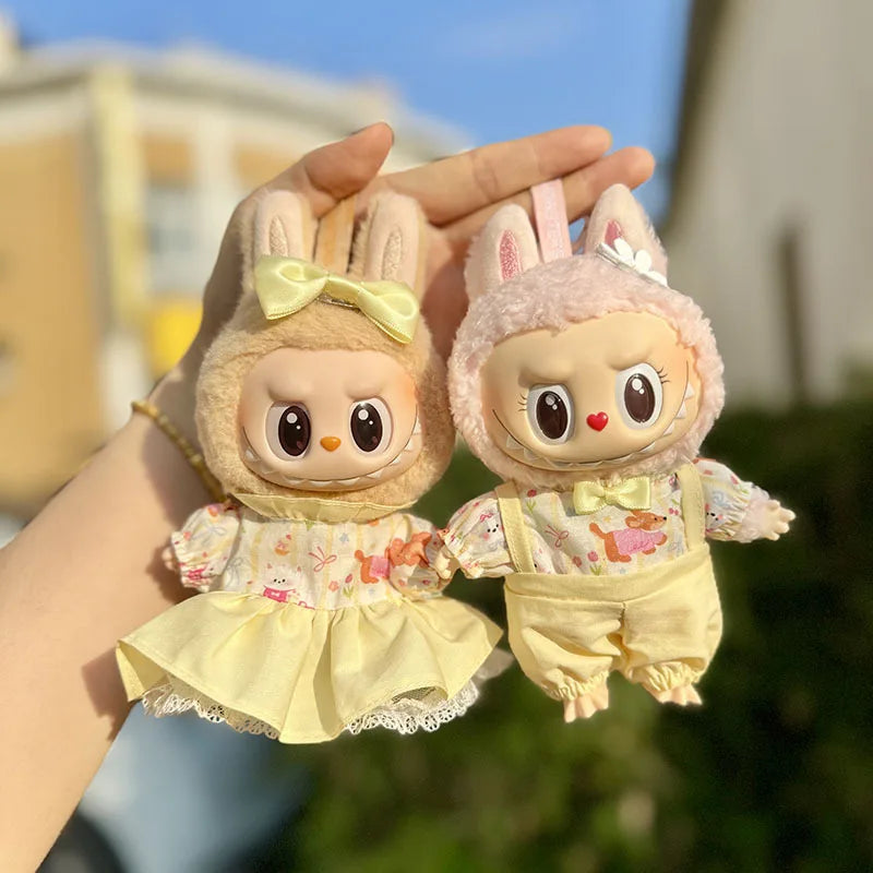 15cm/17cm Labubu Doll Clothing Sitting Party Doll Changing Small Animal Yellow Flower Skirt Strap Pants Couple Dress DIY Gift