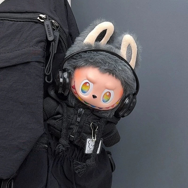 15/17cm Labubu Doll Clothes 1st/2nd/3rd Gen Fit Mr. Black Bear Hoodie Set with Headphone Plush Toy Outfits Halloween Decor