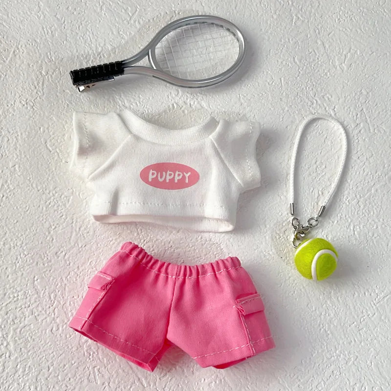 Labubu 1-3 Gen Outfits Purple/Pink T-Shirt Cargo Pants Set Tennis Bag Racket Purple Shoes/Headphones Labubu Doll Accessories