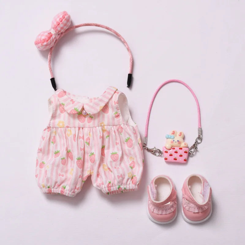 Strawberry Print Overall Set with Mini Rabbit Bag 15/17cm Plush Doll'S Clothes Labubu I II III Idol Dolls Accessories Kids Gift