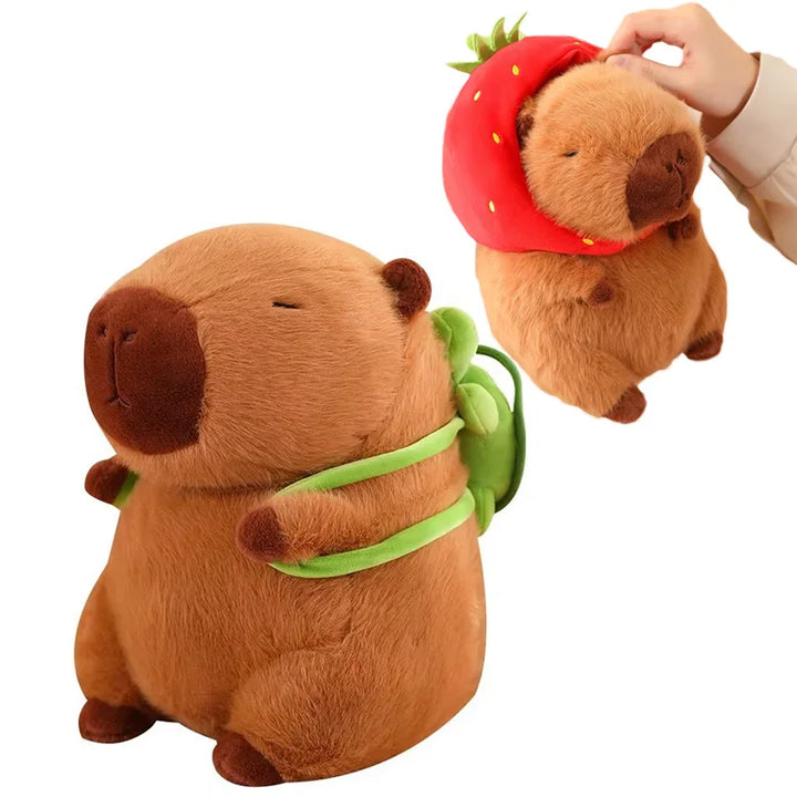 Cute Capybara Plush Toy Kawaii Fluffy Capybara With Turtle Bag Strawberry Cap Stuffed Animals Kids Gift Home Decoration