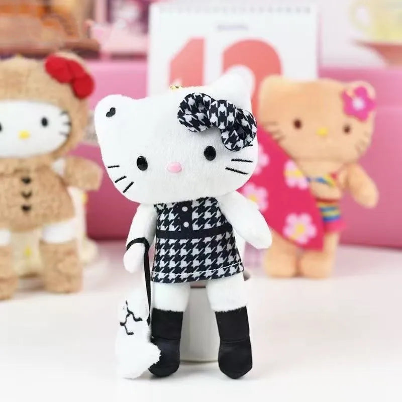 Kawaii Sanrio Hello Kitty Anniversary Long Legs Leopard Black Leather Plush Toys Backpack Pendant Keychain Girl's Holiday Gifts