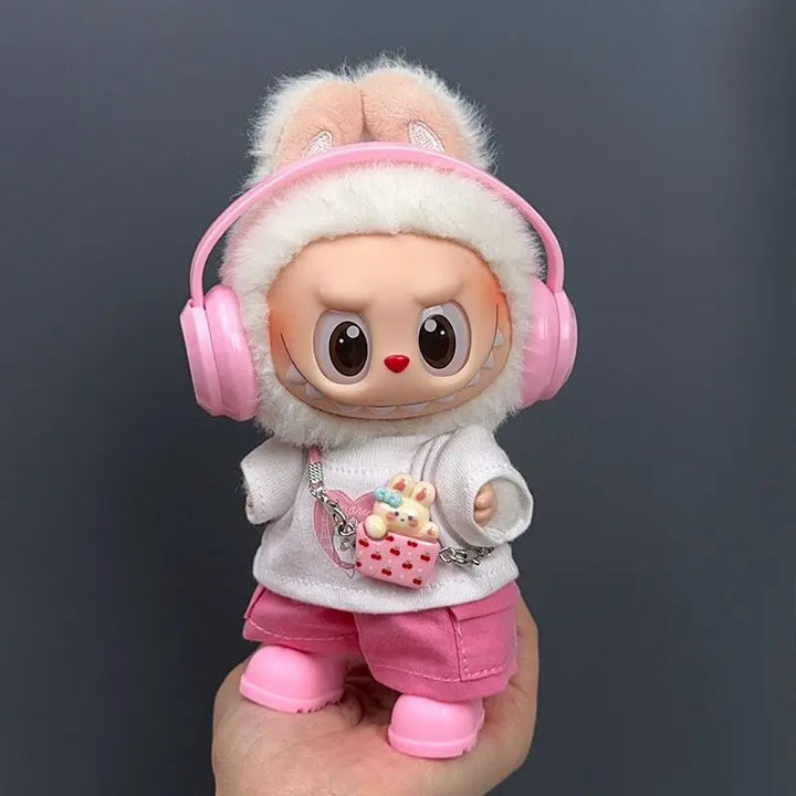 17cm Labubu 1-3 Gen Doll Outfits Cute White T-Shirt + Pink Cargo Pants + Headphones & Shoes Set Labubu Sitting Party Clothes