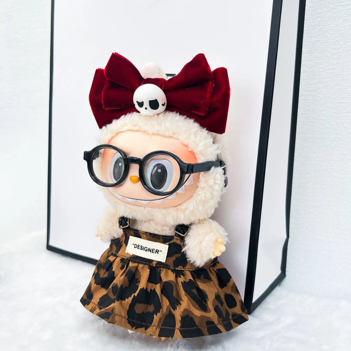Doll Clothes Only 17cm/15cm Sitting Party Series 1-3 Labubu Leopard Print Dress with Velvet Skull Bow Hair Hoop Accessory Toy