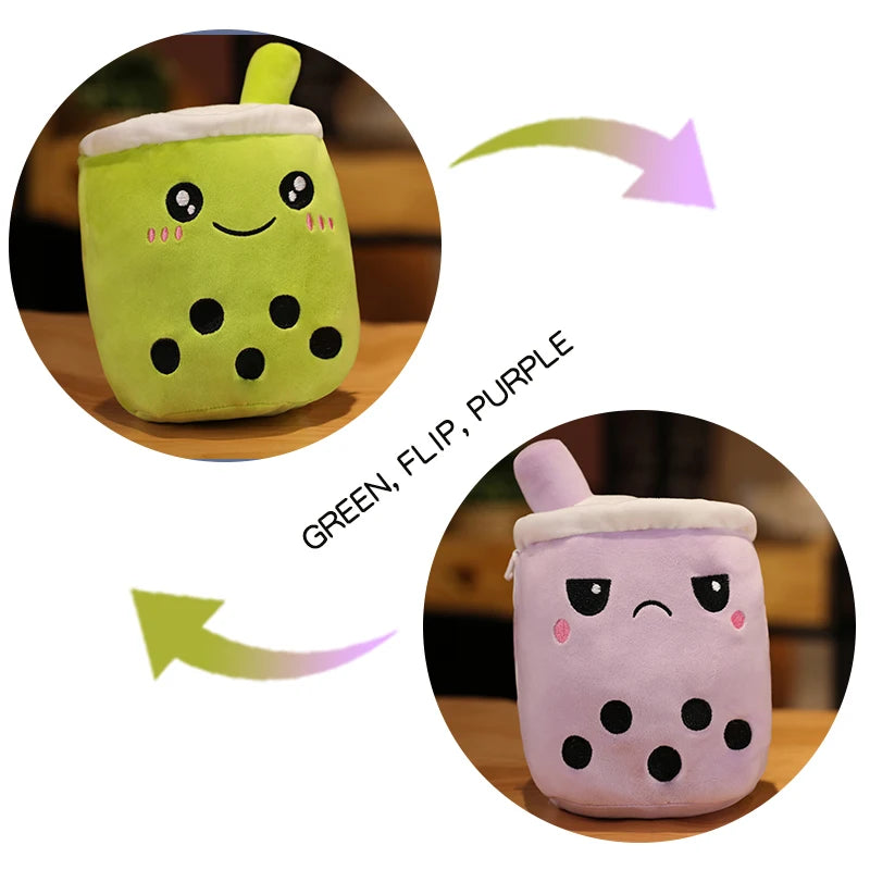 Kawaii Reversible Boba Plush Toys Two Face Double-Sided Bubble Milk Tea Soft Doll Birthday Christmas Gifts for Kids