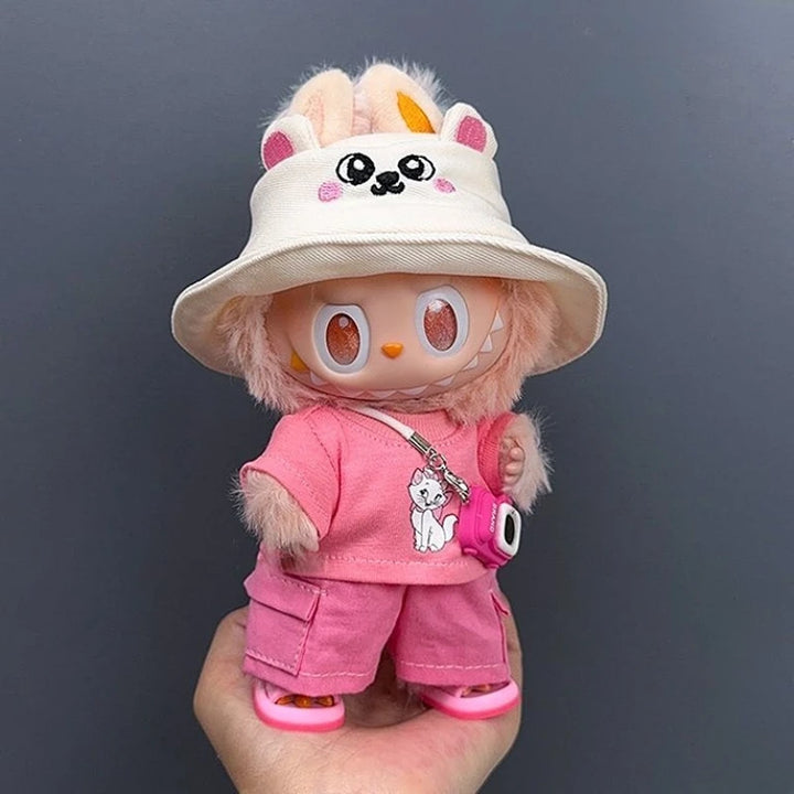 Labubu 1-3 Gen 17cm Plush Doll Outfits | Cute Pink T-Shirt + Pants Set with Hat | Soft Toy Clothes for Labubu Accessories