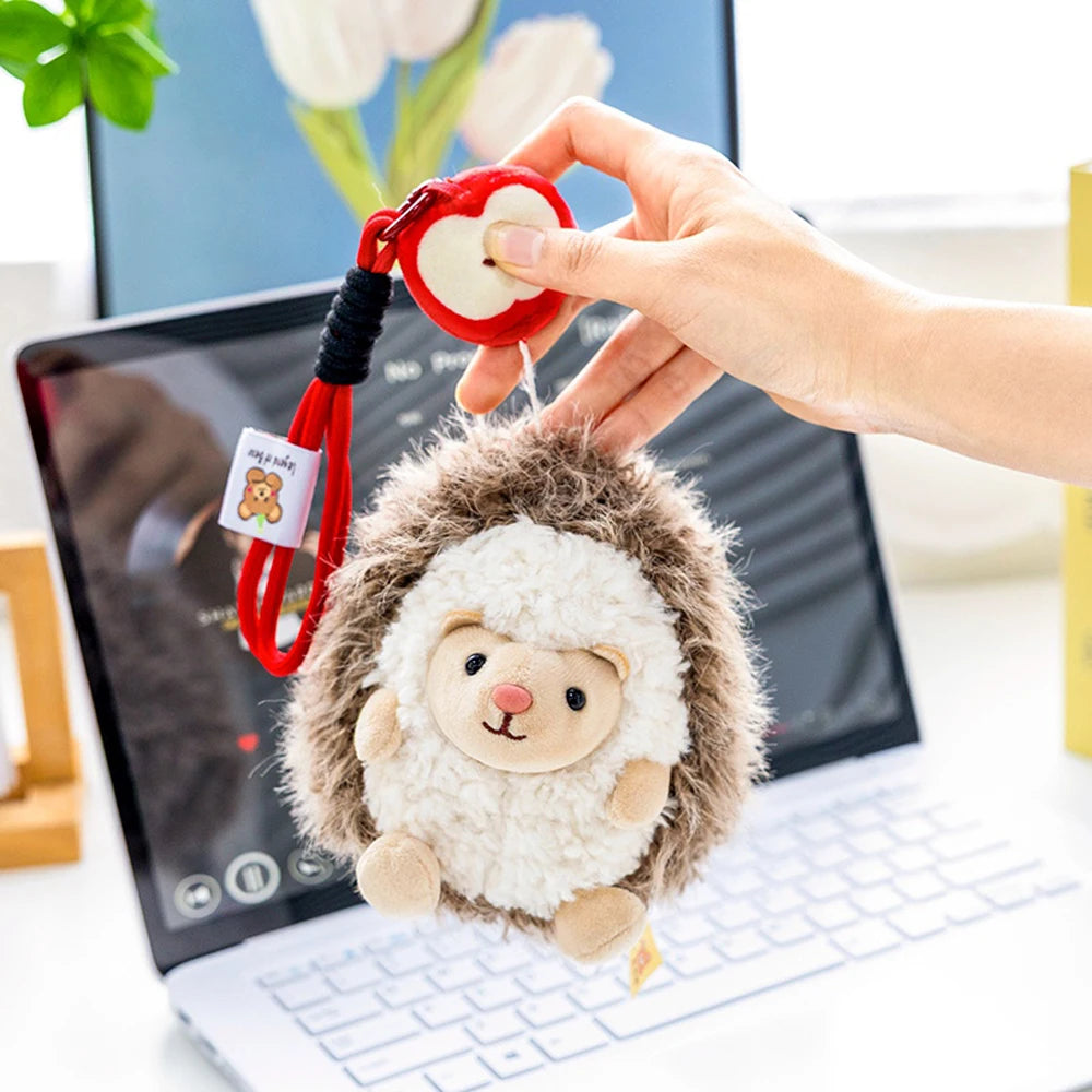Fluffy Hedgehog Stuffed Animal With Red Apple Pendant Plush Toys Cartoon Simulation Hedgehog Soft Dolls Key Holder Bag Accessory