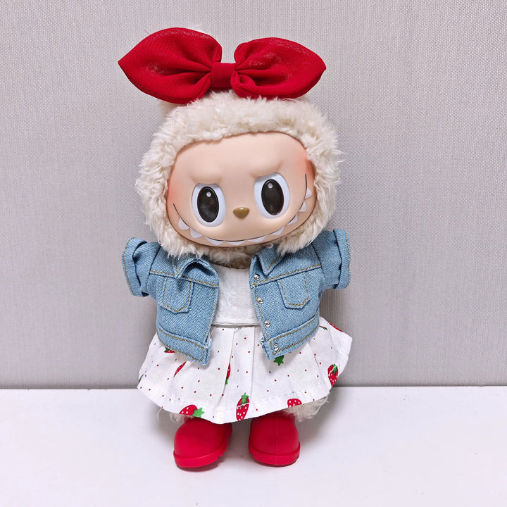 Labubu Doll Clothes Set Strawberry Dress Denim Jacket Colorful Headphones & Shoes Cute Plush Outfits for 1-3 Gen
