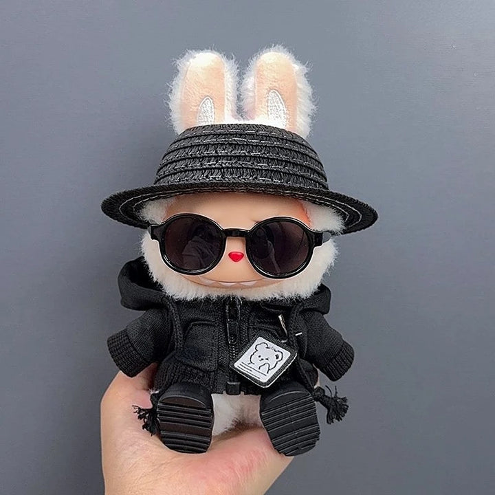 17cm Labubu Doll Clothes 1st/2nd/3rd Gen Fit Mr. Black Bear Hoodie Set with Hat & Sunglasses Plush Toy Outfits Halloween Decor