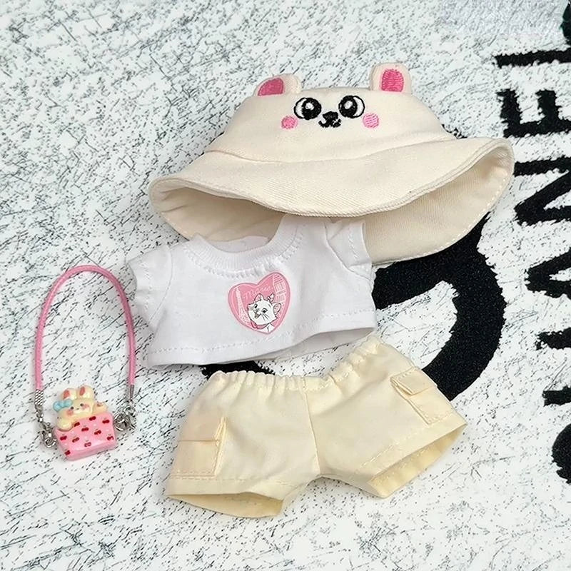 17cm Labubu 1-3 Gen Doll Outfits Cute White T-Shirt + Cargo Pants Set with Colorful Hat Universal Clothes for Labubu Dolls