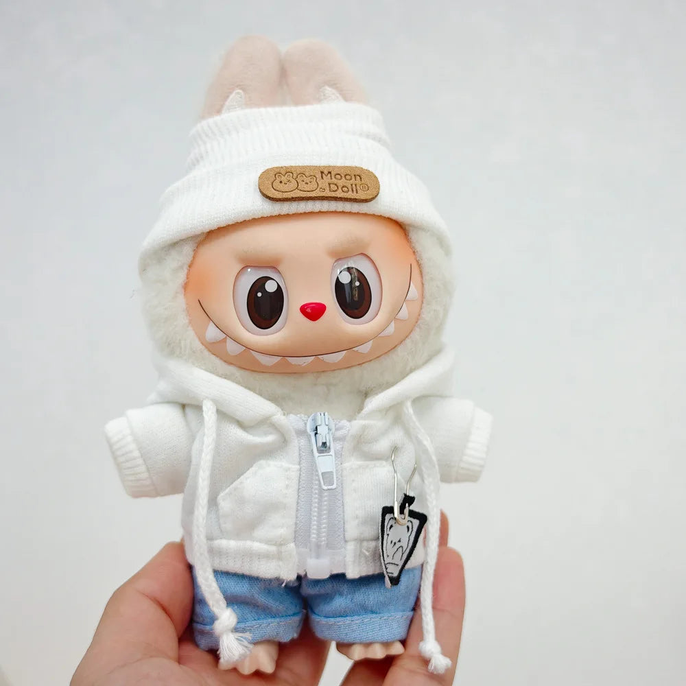 15/17cm Labubu Doll Clothes 1st/2nd/3rd Gen Fit Mr. Black Bear Hoodie Set with Headphone Plush Toy Outfits Halloween Decor