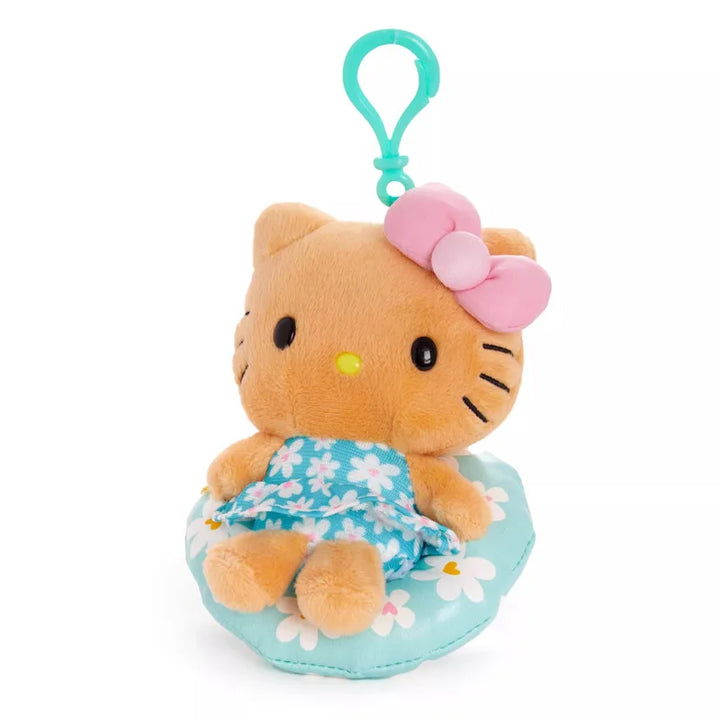 Kawaii Sanrio Black Skin Hello Kitty Hawaiian Floral Skirt Swimming Circle Keychain Plush Backpack Pendant Keychain Girls Gift