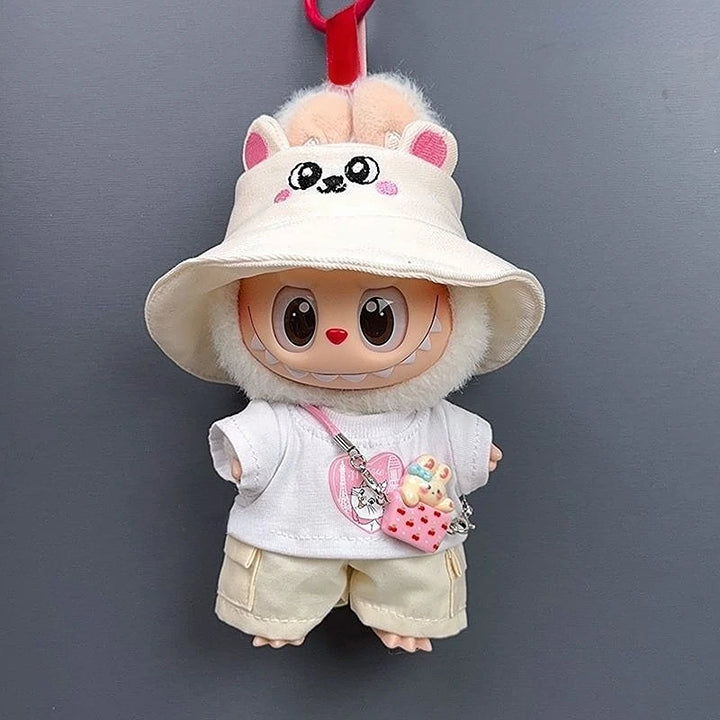 17cm Labubu 1-3 Gen Doll Outfits Cute White T-Shirt + Cargo Pants Set with Colorful Hat Universal Clothes for Labubu Dolls
