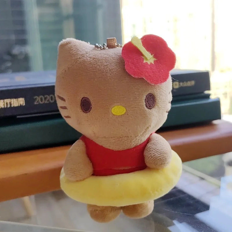 Kawaii Sanrio Hello Kitty  Black Skin Hawaiian Series Mermaid Surfboard  Keychain Plush Toys Backpack Pendant Girls Accessories