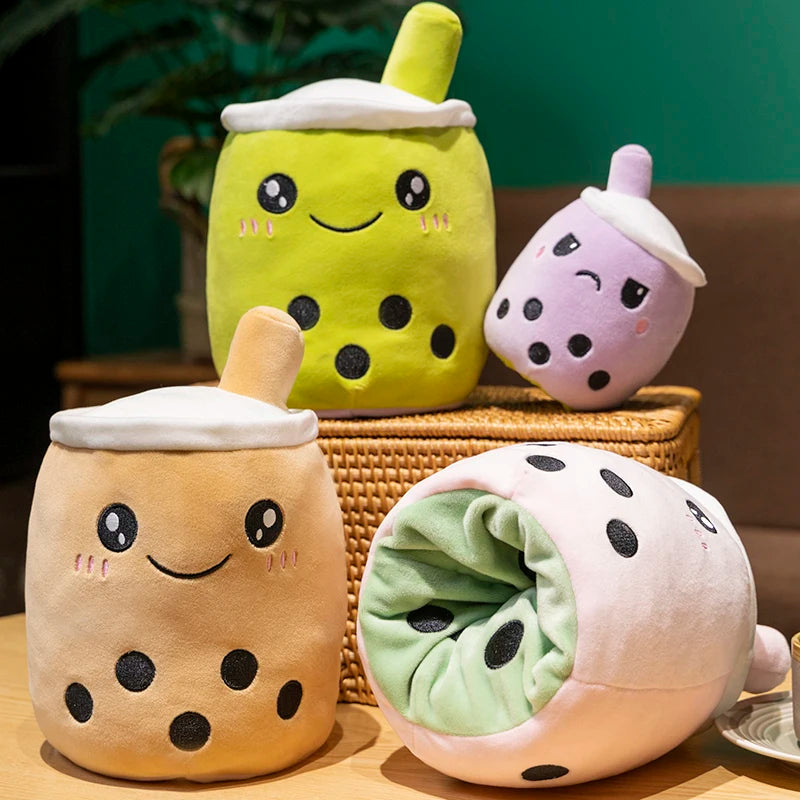Kawaii Reversible Boba Plush Toys Two Face Double-Sided Bubble Milk Tea Soft Doll Birthday Christmas Gifts for Kids