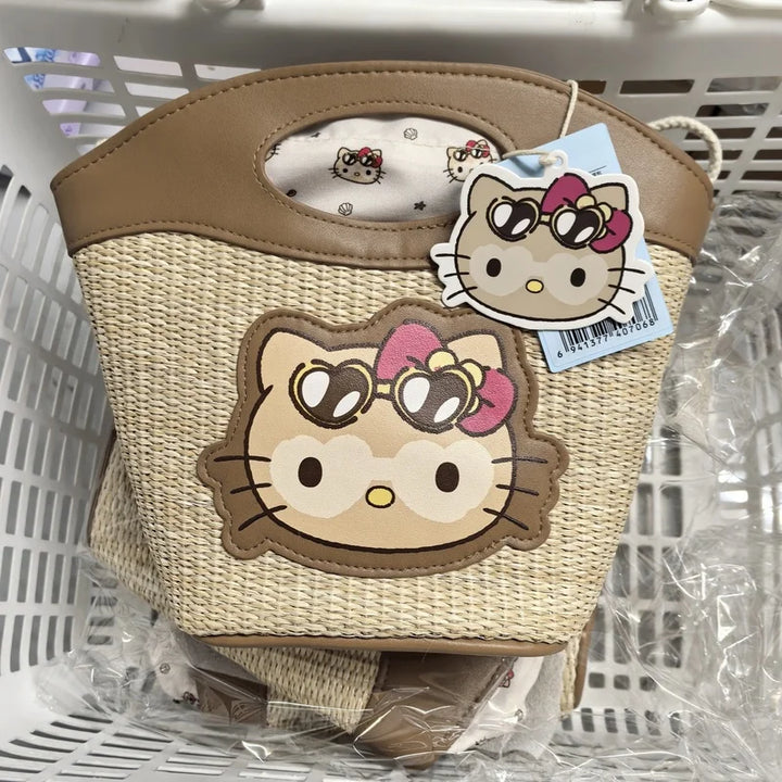 Genuine Hello Kitty Retro Series Woven Handbag Cosmetic Bag Storage Bag Cartoon Cute Large Capacity Messenger Bag Girls Gifts