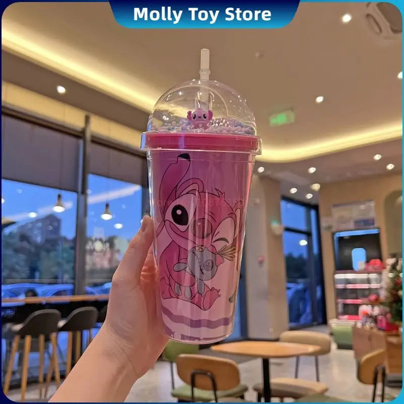 450ML Disney Lilo & Stitch Angel Couple Cartoon Double Layer Plastic Water Cup Drink Straw Mugs Portable Gift for Boy Girl Gift