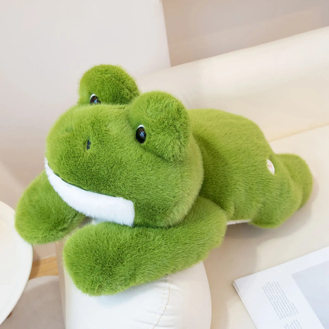Kawaii Green Frog Plush Toys Fluffy Lying Frog Stuffed Animal Black Eyes Big Mouth Smiling Chubby Frog Soft Dolls Fun Gifts
