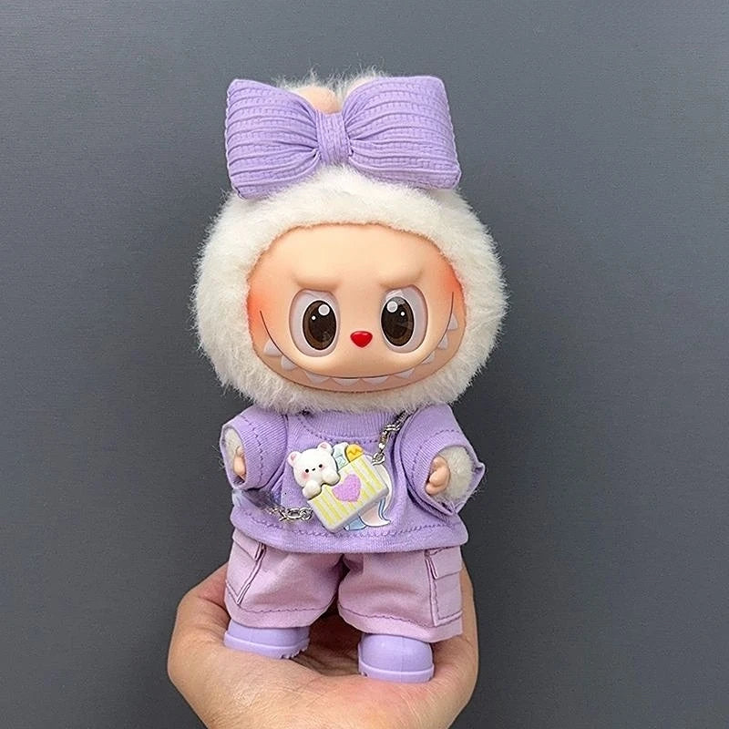 Clothes for 17cm Labubu Doll Outfits 1st/2nd/3rd Gen Fit Purple T-Shirt Cargo Pants Set with Headphones & Shoes Doll Costume