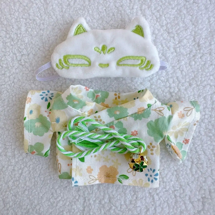 17cm Vinyl Plush Doll Clothes Labubu Pendant Floral Kimono with Fox-Patterned Eye Mask Labubu V1/V2/V3 Clothes Accessories