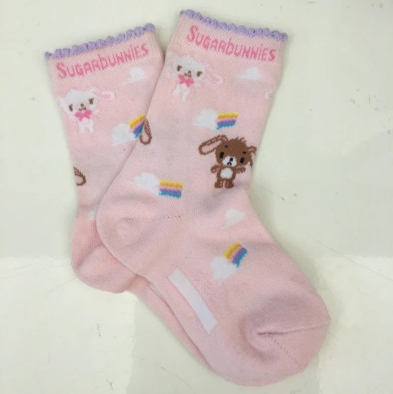 Cute Sugarbunnies Long Socks for Girls Kids Kawaii Cartoon Anime Pink Cotton Socks