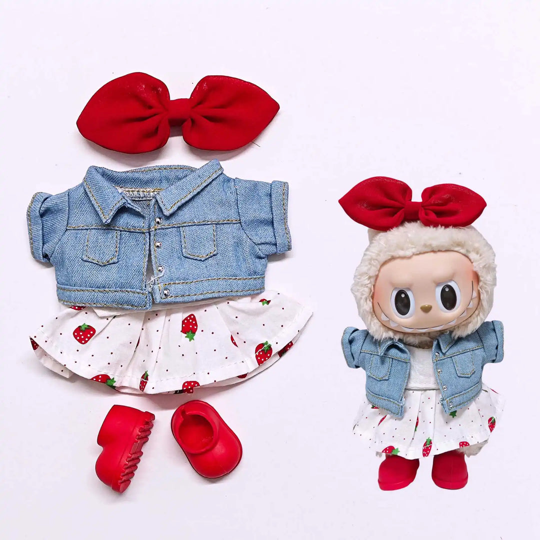 Labubu Doll Clothes Set Strawberry Dress Denim Jacket Colorful Headphones & Shoes Cute Plush Outfits for 1-3 Gen