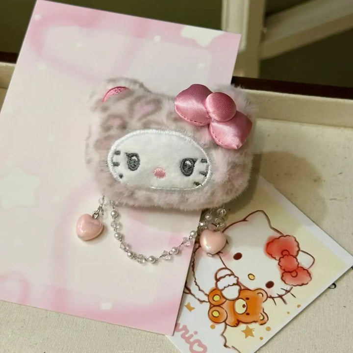 Sanrio Hello Kitty Cinnamoroll Leopard Print Plush Hairpin Cartoon Bangs Side Clip Kawaii Versatile Accessories Birthday Gifts