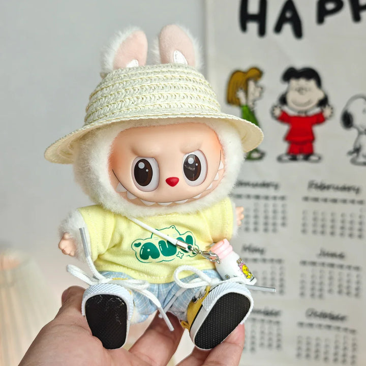 15cm/17cm Labubu Doll Clothing Sitting Party First And Second Generation Summer Straw Hat Short Sleeve Pants Set Accessories