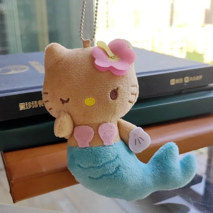 Kawaii Sanrio Hello Kitty  Black Skin Hawaiian Series Mermaid Surfboard  Keychain Plush Toys Backpack Pendant Girls Accessories