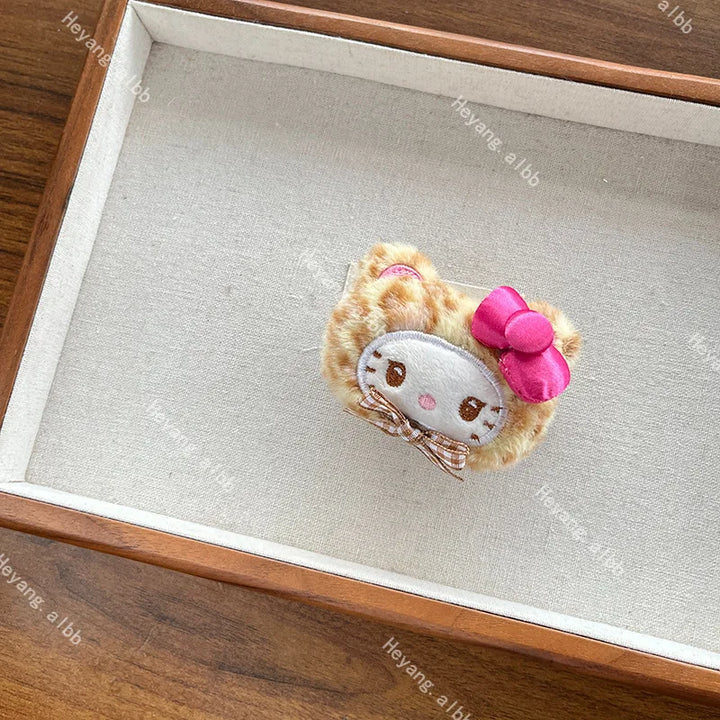 Kawaii Sanrio Hello Kitty Plush Hairpin Cartoon Leopard Hairbands Sweet Bangs Side Clip Hair Loop Decoration Girl Christmas Gift