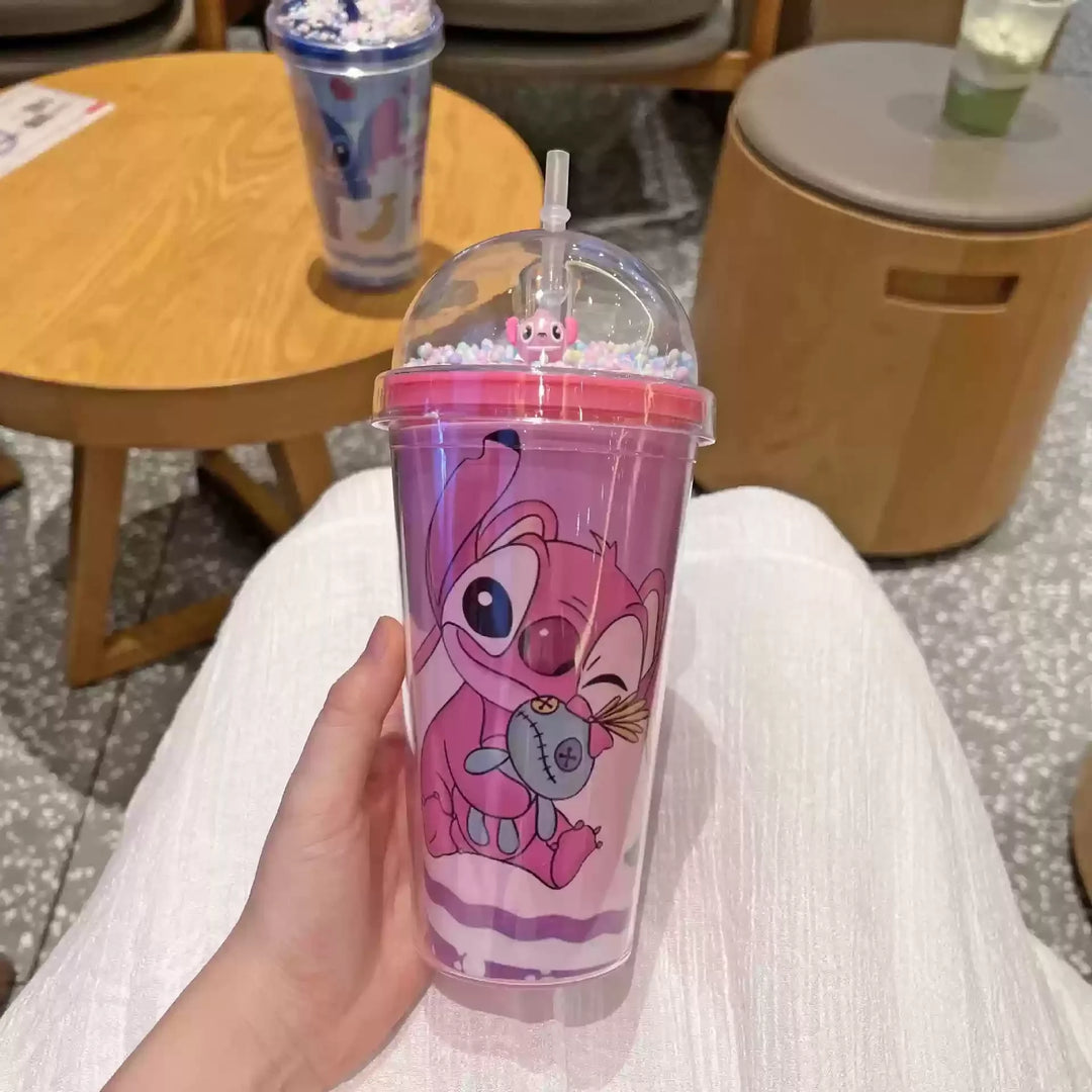 450ML Disney Lilo & Stitch Angel Couple Cartoon Double Layer Plastic Water Cup Drink Straw Mugs Portable Gift for Boy Girl Gift