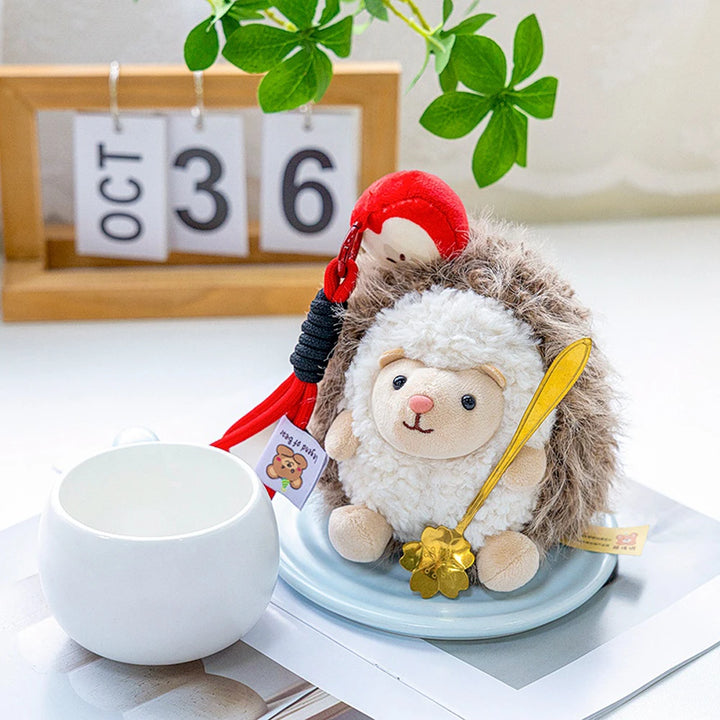 Fluffy Hedgehog Stuffed Animal With Red Apple Pendant Plush Toys Cartoon Simulation Hedgehog Soft Dolls Key Holder Bag Accessory