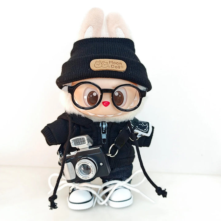 15/17cm Labubu Doll Clothes 1st/2nd/3rd Gen Fit Mr. Black Bear Hoodie Set with Headphone Plush Toy Outfits Halloween Decor