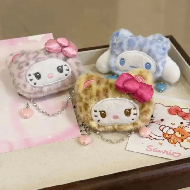 Sanrio Hello Kitty Cinnamoroll Leopard Print Plush Hairpin Cartoon Bangs Side Clip Kawaii Versatile Accessories Birthday Gifts