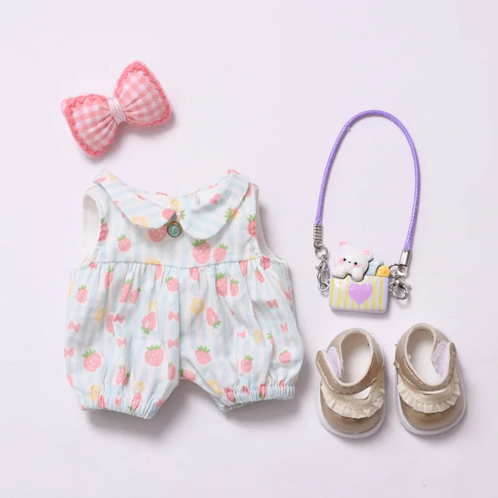 Strawberry Print Overall Set with Mini Rabbit Bag 15/17cm Plush Doll'S Clothes Labubu I II III Idol Dolls Accessories Kids Gift